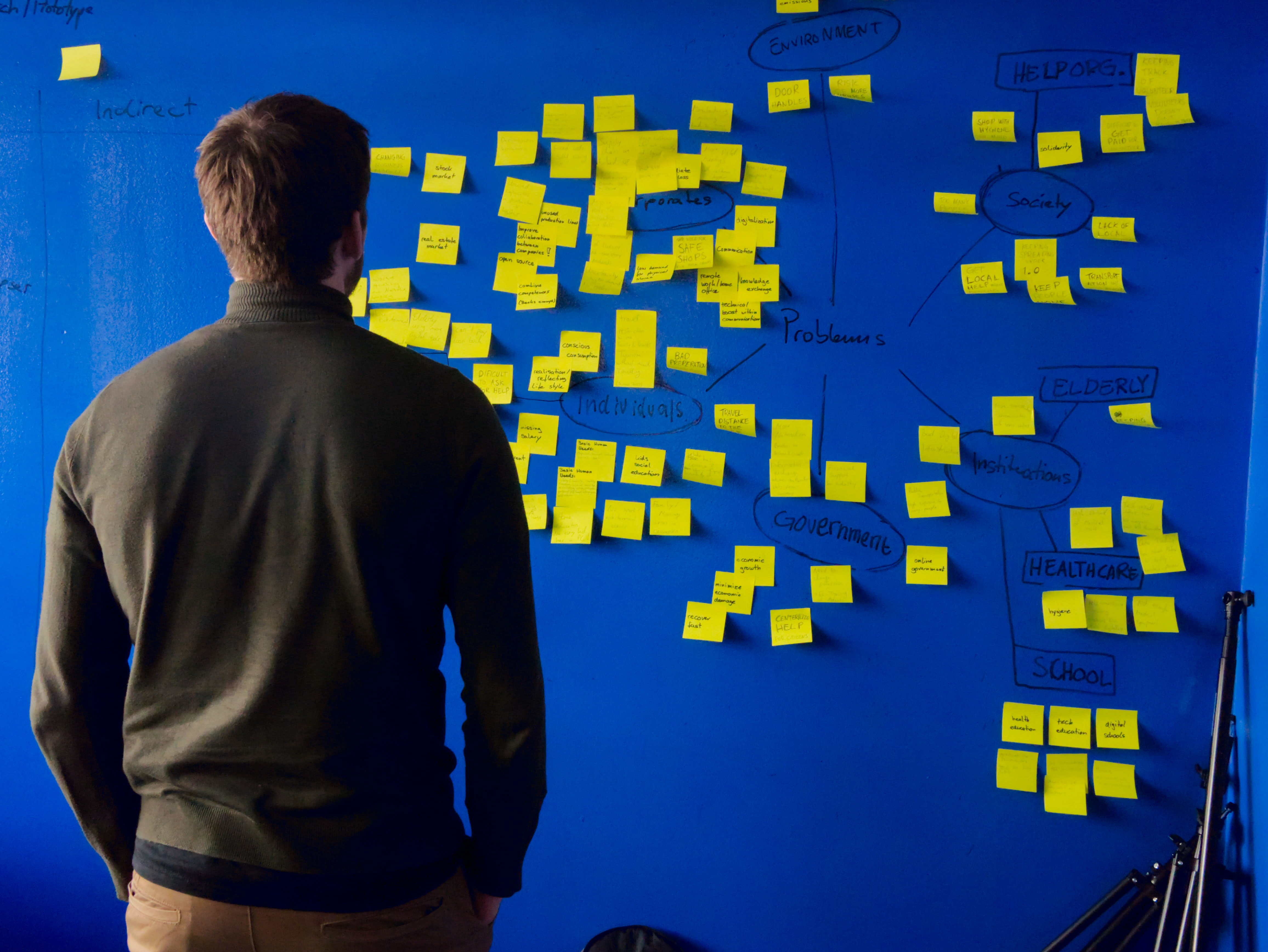 Homem olhando para parede azul com post-its amarelos
