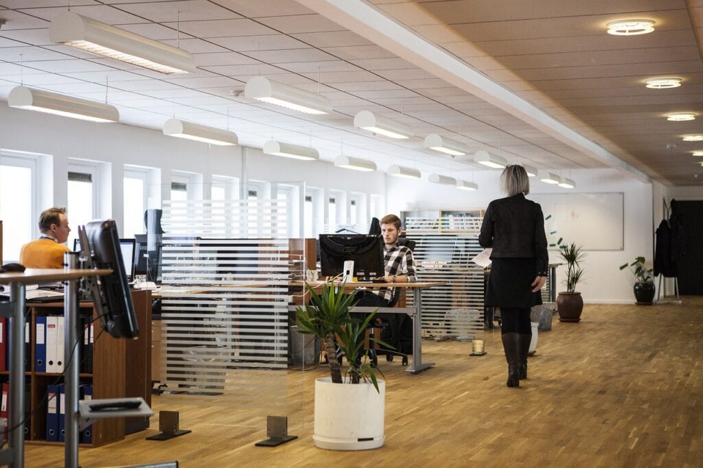 Ambiente de escritório moderno com trabalhadores em estações de trabalho e plantas decorativas, promovendo um espaço de trabalho produtivo e colaborativo.